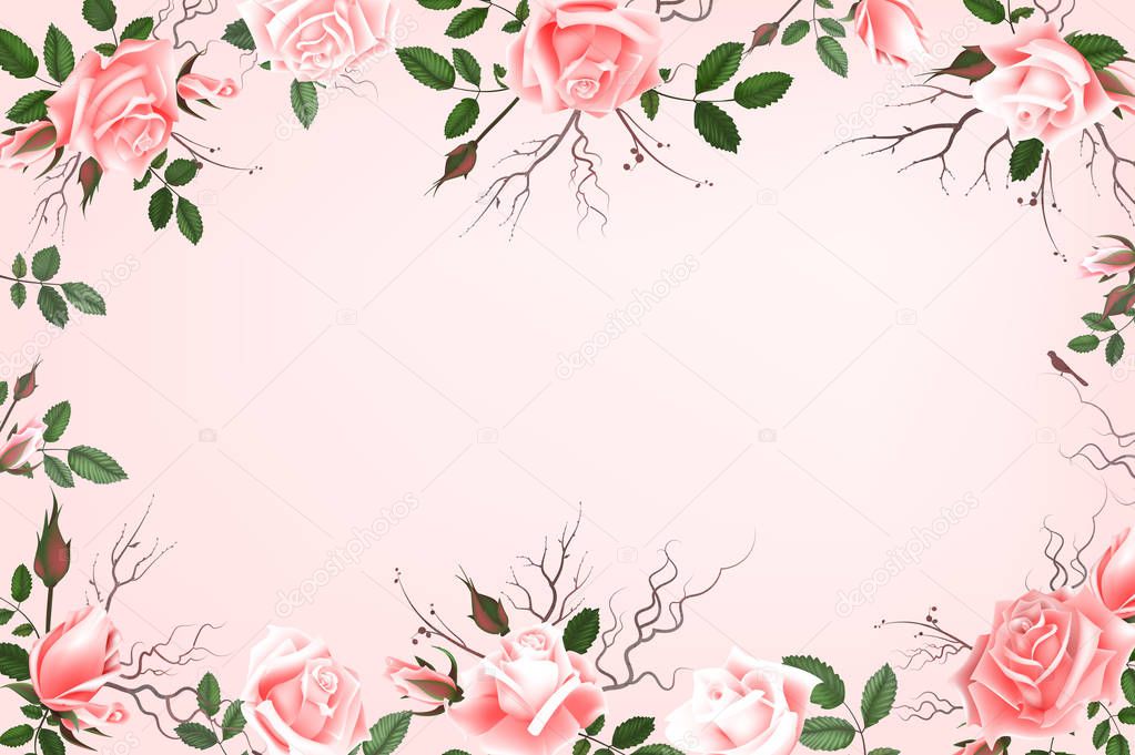 Greeting card with roses, watercolor, can be used as invitation card for wedding, birthday and other holiday and summer background. Vector illustration.