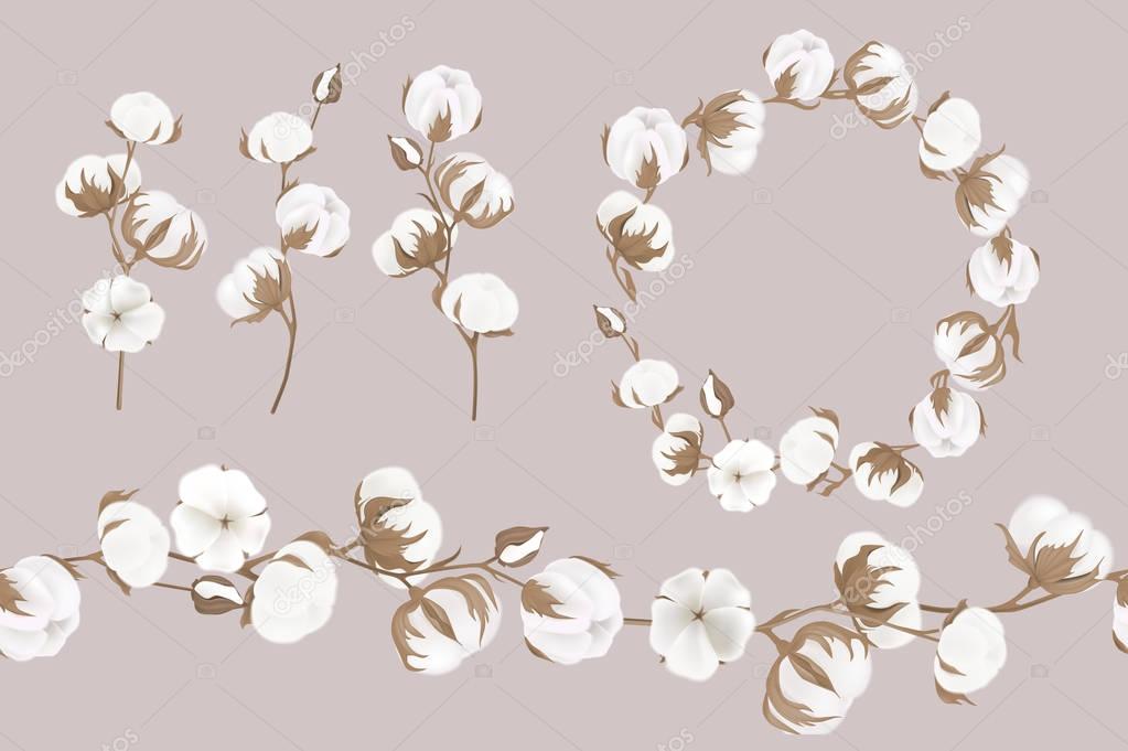 vector wreath of twigs and cotton flowers. Botanical illustrations. Greeting card