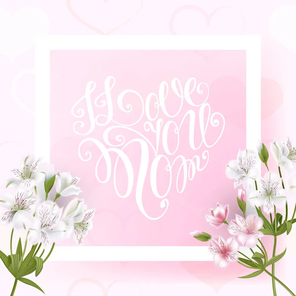 Glückliche Muttertagsbeschriftung. Muttertagsgrußkarte mit Blumen. Vektorillustration — Stockvektor