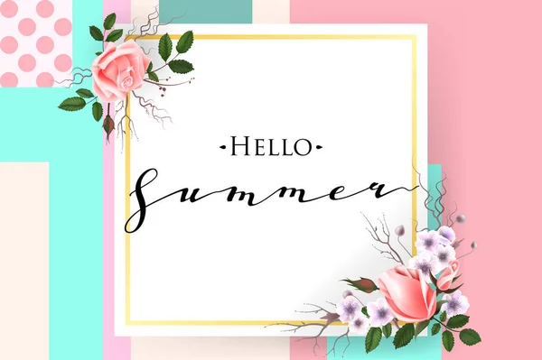 Zomer achtergrond met rozen bloemen, belettering "Hello Summer" — Stockvector