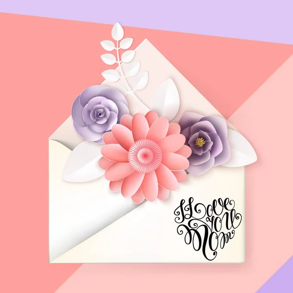 Joyeux lettrage de la fête des mères. Carte de vœux de la fête des mères avec Fleurs. Illustration vectorielle — Image vectorielle