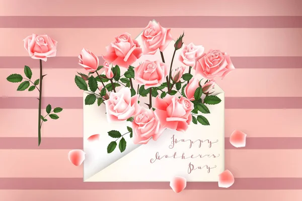Szczęśliwy dzień matki napis. Dzień matki pocztówkę ze kwiaty róże. Ilustracja wektorowa — Wektor stockowy