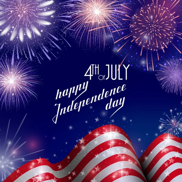 4 de julio, fondo de celebración del Día de la Independencia Americana con fuegos artificiales. Felicitaciones por el 4 de julio . — Vector de stock