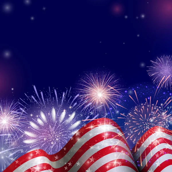 4th of July, American Independence Day celebration background with fire fireworks. Congratulations on Fourth of July. — Stock Vector