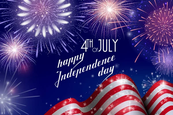 4 de julio, fondo de celebración del Día de la Independencia Americana con fuegos artificiales. Felicitaciones por el 4 de julio . — Vector de stock