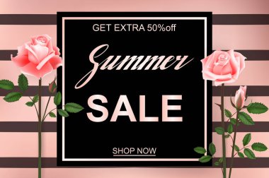 Güzel güller ile reklam ufuk arka plan bahar satışa hakkında. Vektör çizim.