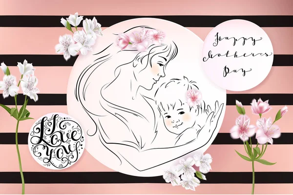 Tarjeta de felicitación del día de las madres. Flores y madre con un bebé en sus brazos. Ilustración vectorial — Archivo Imágenes Vectoriales