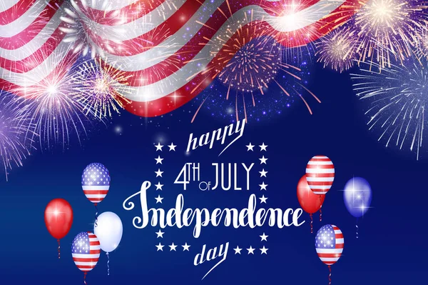 4 июля, День независимости США празднуют фон с пожарными фейерверками. Поздравления с 4 июля . — стоковый вектор