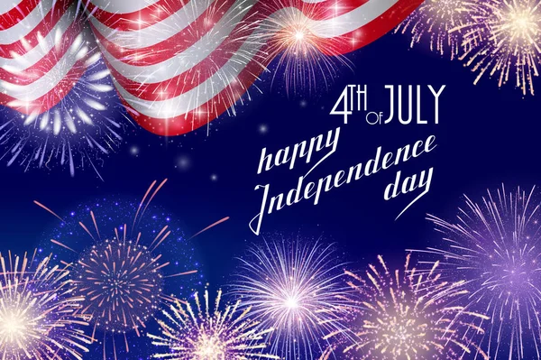 4 de julio, fondo de celebración del Día de la Independencia Americana con fuegos artificiales. Felicitaciones por el 4 de julio . — Vector de stock