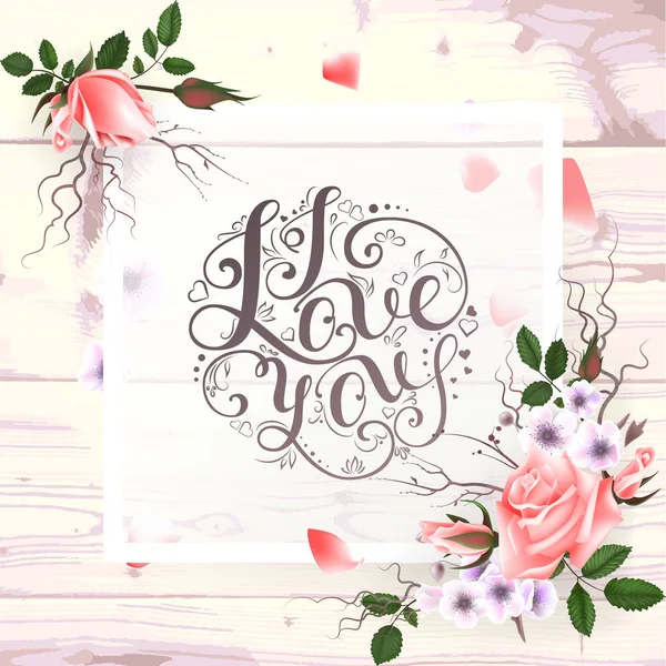 Carte avec un bouquet de fleurs de roses et inscription lettrée à la main "je t'aime " — Image vectorielle