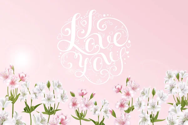 Karte mit einem Strauß Rosen und anderen Blumen und handgeschriebener Aufschrift "ich liebe dich" — Stockvektor