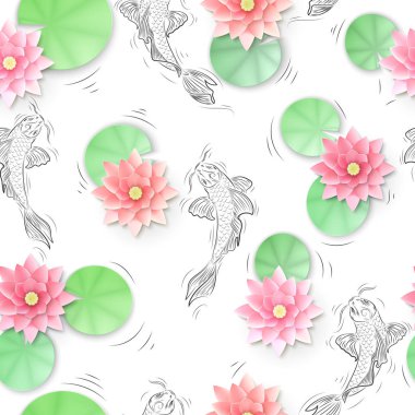 Koi sazan ve lotus kağıt çiçekler ile Seamless Modeli