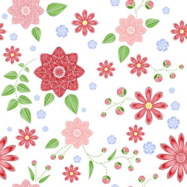 Nakış güzel çiçekler ile seamless modeli. Vektör çiçek süsleme siyah arka plan üzerine. Nakış moda Tekstil ve kumaş için.