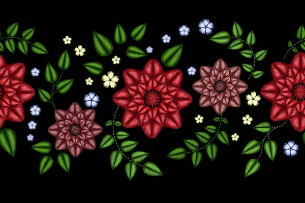 Vyšívací horizontální barevný květinový bezešvé vzor. Vektorové tradiční lidové pes roses a zapomenout ani květiny ornament na černém pozadí. — Stockový vektor
