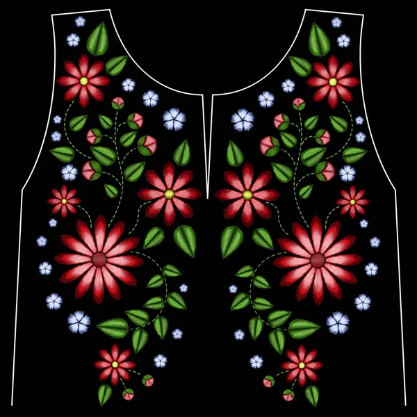 Bordado étnico flores cuello línea flor diseño gráficos moda usar — Vector de stock