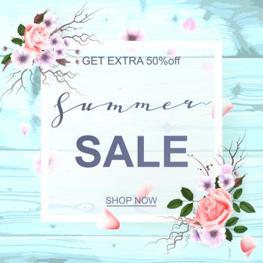 Güzel güller ile reklam yaz Satılık ahşap zemin üzerine hakkında. Vektör çizim.