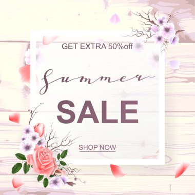 Güzel güller ile reklam yaz Satılık ahşap zemin üzerine hakkında. Vektör çizim.