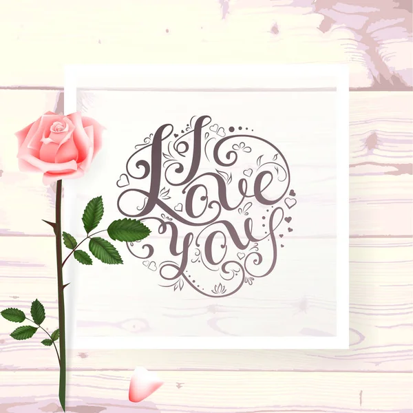 卡与一束玫瑰的花儿和手刻字题字"我爱你" — 图库矢量图片