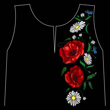 Nakış haşhaş çiçekleri. Bayan, kızlar t-shirtler için yama. Vektör çizim. Grafik tee