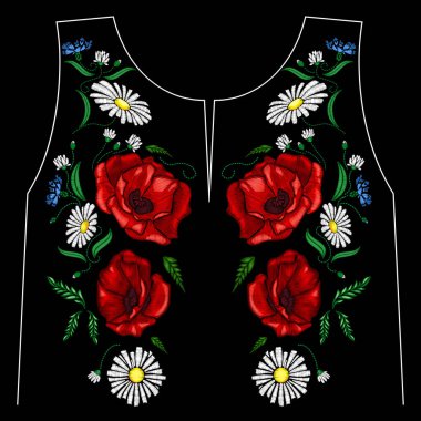 Nakış haşhaş çiçekleri. Bayan, kızlar t-shirtler için yama. Vektör çizim. Grafik tee