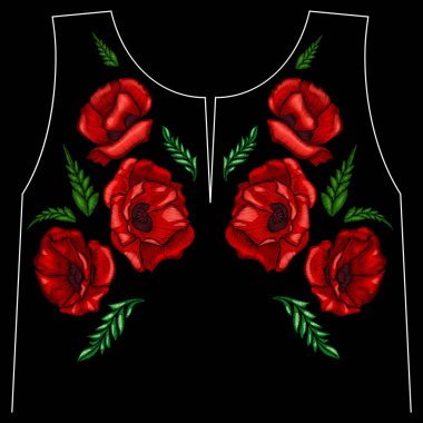 Nakış haşhaş çiçekleri. Bayan, kızlar t-shirtler için yama. Vektör çizim. Grafik tee