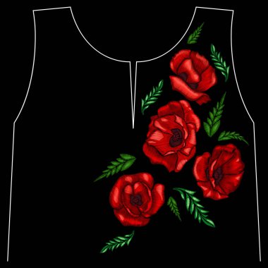 Nakış haşhaş çiçekleri. Bayan, kızlar t-shirtler için yama. Vektör çizim. Grafik tee