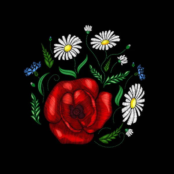 Stickerei Mohnblumen Blumen. Aufnäher für Frauen, Mädchen T-Shirts. Vektorillustration. Grafik — Stockvektor