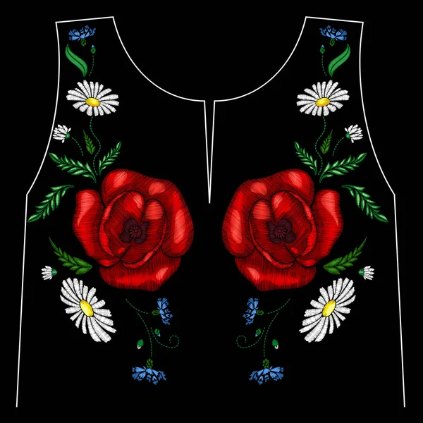 Flores de amapolas bordadas. Parche para mujeres, camisetas para niñas. Ilustración vectorial. Té gráfico — Vector de stock