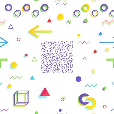 Trendy geometrik öğeleri memphis kartları, seamless modeli.