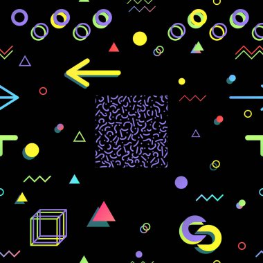 Trendy geometrik öğeleri memphis kartları, seamless modeli.