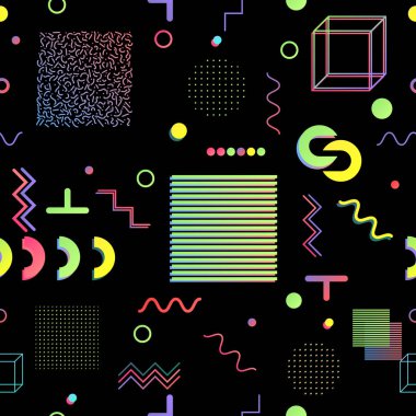 Trendy geometrik öğeleri memphis kartları, seamless modeli.