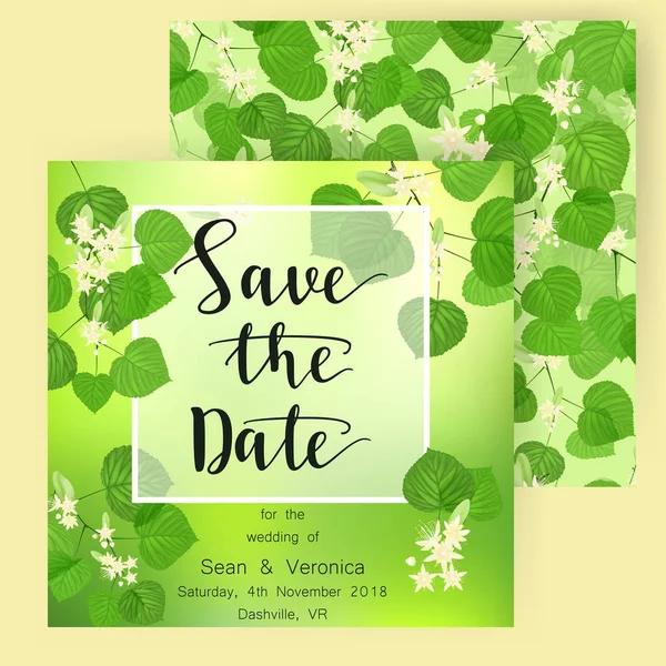 Tarihi bildirimi kartı, düğün davetiye, tebrik kartı güzel çiçekler ile, yeşil harf ve ıhlamur yaprakları