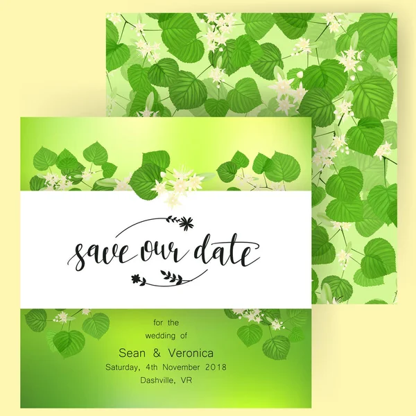 Tarihi bildirimi kartı, düğün davetiye, tebrik kartı güzel çiçekler ile, yeşil harf ve ıhlamur yaprakları
