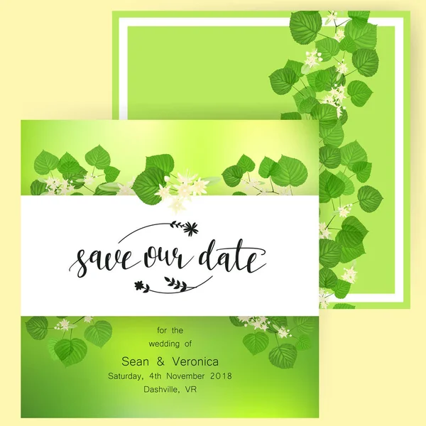 Tarihi bildirimi kartı, düğün davetiye, tebrik kartı güzel çiçekler ile, yeşil harf ve ıhlamur yaprakları