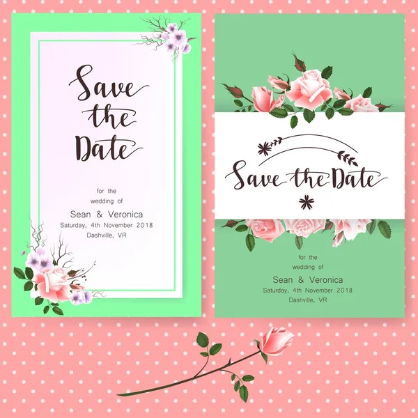 Збережіть листівку дати, запрошення на весілля, вітальні листівки з красивими трояндами квітами та літерами — стоковий вектор