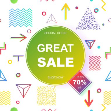 Satış banner şablon tasarımı. Geometrik desen Memphis tarzı, 80'li 90'lı yılların. Eps10 vektör çizim.