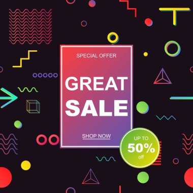 Satış banner şablon tasarımı. Geometrik desen Memphis tarzı, 80'li 90'lı yılların. Eps10 vektör çizim.
