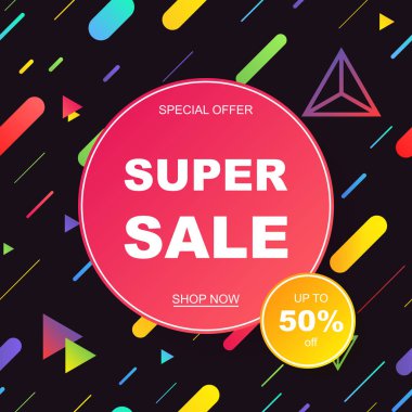 Satış banner şablon tasarımı. Geometrik desen Memphis tarzı, 80'li 90'lı yılların. Eps10 vektör çizim.