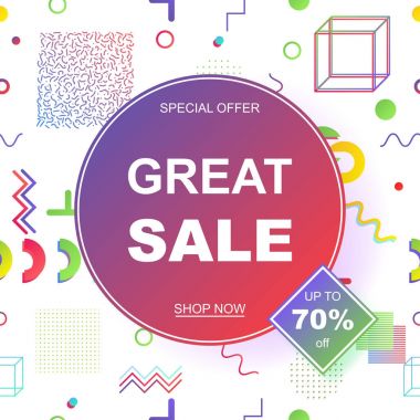 Satış banner şablon tasarımı. Geometrik desen Memphis tarzı, 80'li 90'lı yılların. Eps10 vektör çizim.