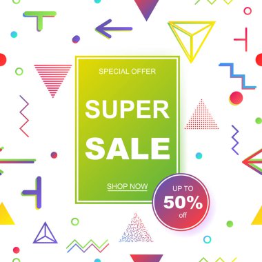 Satış banner şablon tasarımı. Geometrik desen Memphis tarzı, 80'li 90'lı yılların. Eps10 vektör çizim.