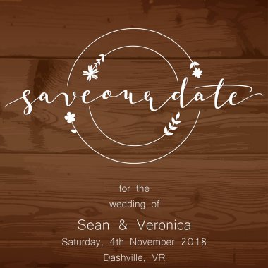 Tarihi bildirimi kartı, düğün davetiye ahşap arka plan ve harfler 