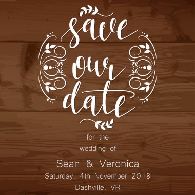 Tarihi bildirimi kartı, düğün davetiye ahşap arka plan ve harfler 