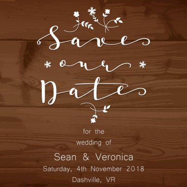 Tarihi bildirimi kartı, düğün davetiye ahşap arka plan ve harfler 