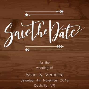 Tarihi bildirimi kartı, düğün davetiye ahşap arka plan ve harfler 