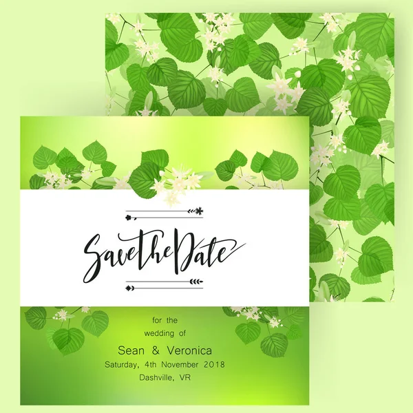 Guardar la tarjeta de fecha, invitación a la boda, tarjeta de felicitación con hermosas flores, hojas verdes de tilo y letras — Archivo Imágenes Vectoriales