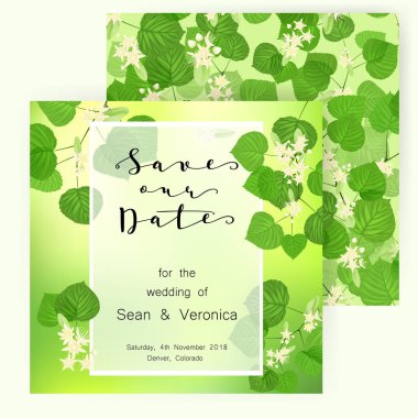 Tarihi bildirimi kartı, düğün davetiye, tebrik kartı güzel çiçekler ile, yeşil harf ve ıhlamur yaprakları