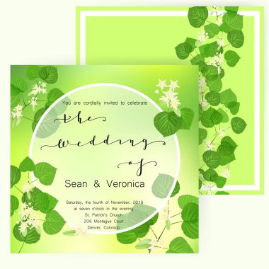 Tarihi bildirimi kartı, düğün davetiye, tebrik kartı güzel çiçekler ile, yeşil harf ve ıhlamur yaprakları