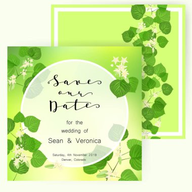 Tarihi bildirimi kartı, düğün davetiye, tebrik kartı güzel çiçekler ile, yeşil harf ve ıhlamur yaprakları