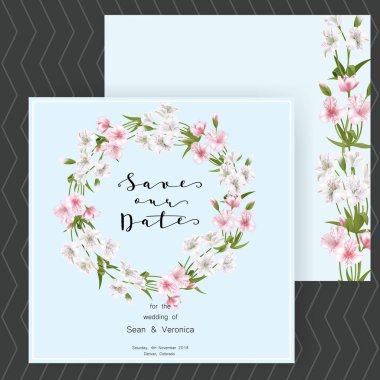 Güzel çiçekler ve harfler ile tarihi bildirimi kartı, düğün davetiye, tebrik kartı kaydetmek