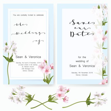 Güzel çiçekler ve harfler ile tarihi bildirimi kartı, düğün davetiye, tebrik kartı kaydetmek